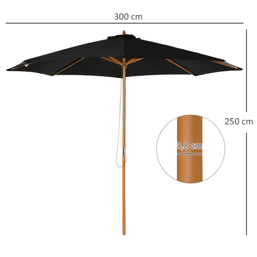 Guarda-sol de jardim para terraçoexterior Ø300 cm com sistema de polias, teto ventilado e mastro removível, preto.