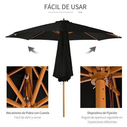 Guarda-sol de jardim para terraçoexterior Ø300 cm com sistema de polias, teto ventilado e mastro removível, preto.
