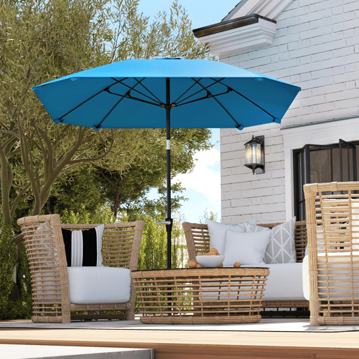 Guarda-sol de jardim 233x233 cm com ângulo ajustável, haste de alumínio impermeável, varetas de fibra de vidro e manivela, azul. Guarda-sol de jardim 233x233 cm com ângulo ajustável, haste de alumínio impermeável, varetas de fibra de vidro e manivela, azul.