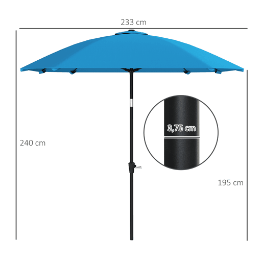 Guarda-sol de jardim 233x233 cm com ângulo ajustável, haste de alumínio impermeável, varetas de fibra de vidro e manivela, azul. Guarda-sol de jardim 233x233 cm com ângulo ajustável, haste de alumínio impermeável, varetas de fibra de vidro e manivela, azul.