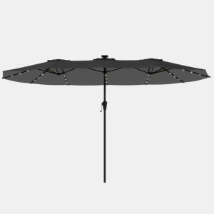 Guarda-sol duplo de jardim 4x2 m com 36 luzes LED, proteção UPF50+, manivela, 12 varetas, impermeável, cinza escuro.