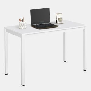 Mesa de jantar Tessa 60 × 120 cm, com painel para móveis, com pernas metálicas, acabamento branco.