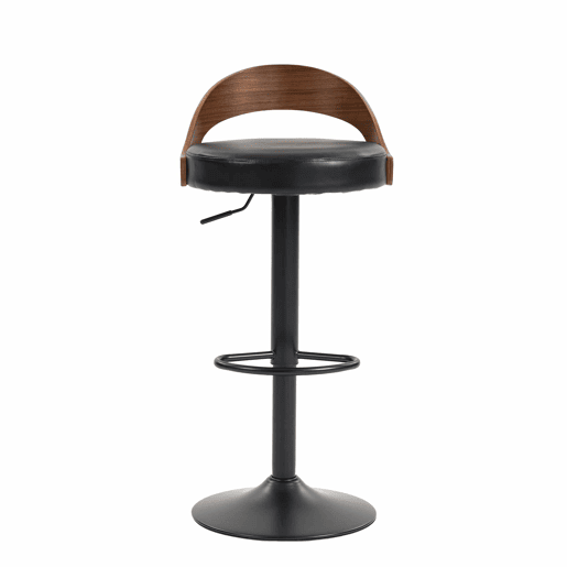 Conjunto de 2 bancos de bar giratórios a 360°, com altura ajustável u2014 com encosto, madeira de nogueira preta, assento almofadado em PU, design moderno para cozinha, restaurante e bar u2014 preto