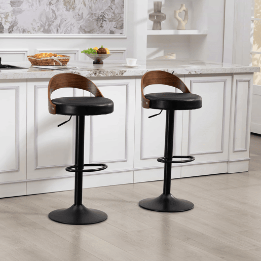 Conjunto de 2 bancos de bar giratórios a 360°, com altura ajustável u2014 com encosto, madeira de nogueira preta, assento almofadado em PU, design moderno para cozinha, restaurante e bar u2014 preto