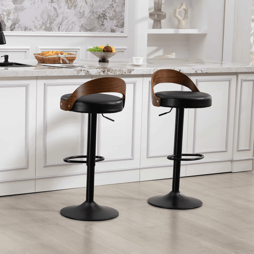 Conjunto de 2 bancos de bar giratórios a 360°, com altura ajustável u2014 com encosto, madeira de nogueira preta, assento almofadado em PU, design moderno para cozinha, restaurante e bar u2014 preto