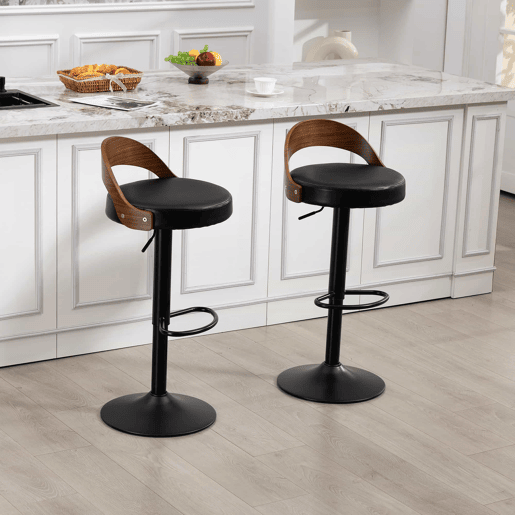 Conjunto de 2 bancos de bar giratórios a 360°, com altura ajustável u2014 com encosto, madeira de nogueira preta, assento almofadado em PU, design moderno para cozinha, restaurante e bar u2014 preto