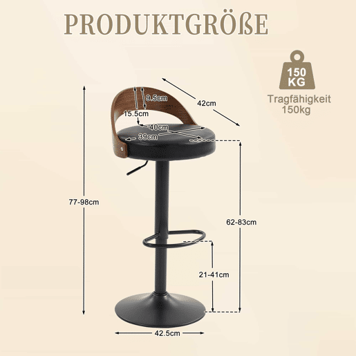 Conjunto de 2 bancos de bar giratórios a 360°, com altura ajustável u2014 com encosto, madeira de nogueira preta, assento almofadado em PU, design moderno para cozinha, restaurante e bar u2014 preto