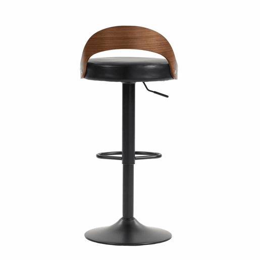 Conjunto de 2 bancos de bar giratórios a 360°, com altura ajustável u2014 com encosto, madeira de nogueira preta, assento almofadado em PU, design moderno para cozinha, restaurante e bar u2014 preto