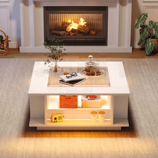 Mesa de centro 70x70x30 cm - quadrada, vidro, alto brilho, LED, aglomerado, 30 kg - branca Mesa de centro 70x70x30 cm - quadrada, vidro, alto brilho, LED, aglomerado, 30 kg - branca