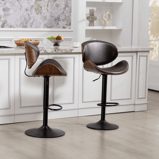 Bancos de bar giratórios, 2 unidades, altura ajustável u2013 madeira curvada, assento em couro PU, encosto ergonómico, apoio para os pés, design para cozinha e bar u2013 castanho