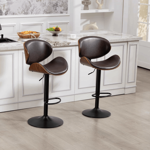 Bancos de bar giratórios, 2 unidades, altura ajustável u2013 madeira curvada, assento em couro PU, encosto ergonómico, apoio para os pés, design para cozinha e bar u2013 castanho