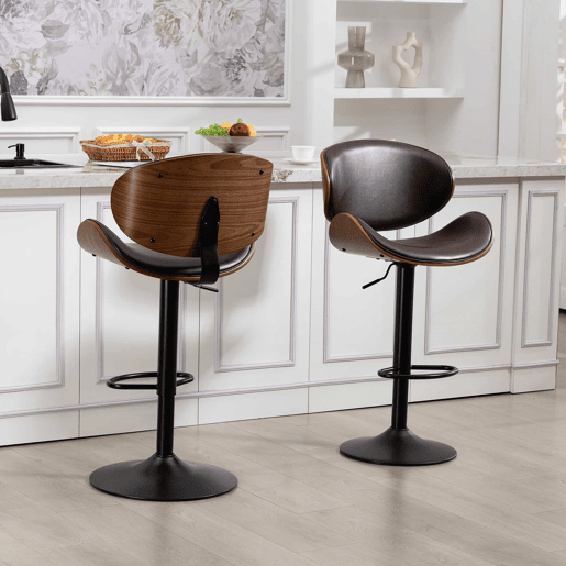 Bancos de bar giratórios, 2 unidades, altura ajustável u2013 madeira curvada, assento em couro PU, encosto ergonómico, apoio para os pés, design para cozinha e bar u2013 castanho