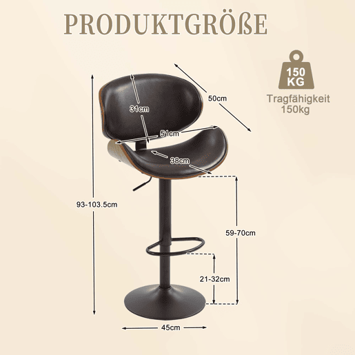 Bancos de bar giratórios, 2 unidades, altura ajustável u2013 madeira curvada, assento em couro PU, encosto ergonómico, apoio para os pés, design para cozinha e bar u2013 castanho