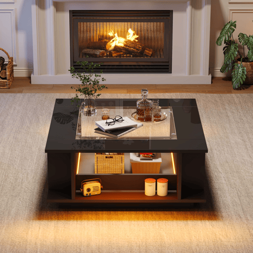 Mesa de centro 70x70x30 cm - quadrada com vidro, alto brilho, LED, tampo em aglomerado - preta Mesa de centro 70x70x30 cm - quadrada com vidro, alto brilho, LED, tampo em aglomerado - preta
