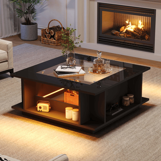 Mesa de centro 70x70x30 cm - quadrada com vidro, alto brilho, LED, tampo em aglomerado - preta Mesa de centro 70x70x30 cm - quadrada com vidro, alto brilho, LED, tampo em aglomerado - preta