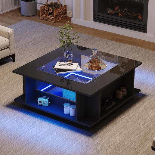 Mesa de centro 70x70x30 cm - quadrada com vidro, alto brilho, LED, tampo em aglomerado - preta Mesa de centro 70x70x30 cm - quadrada com vidro, alto brilho, LED, tampo em aglomerado - preta