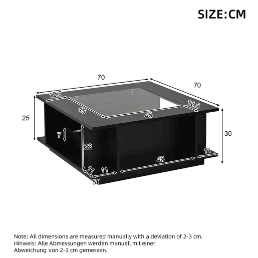 Mesa de centro 70x70x30 cm - quadrada com vidro, alto brilho, LED, tampo em aglomerado - preta Mesa de centro 70x70x30 cm - quadrada com vidro, alto brilho, LED, tampo em aglomerado - preta