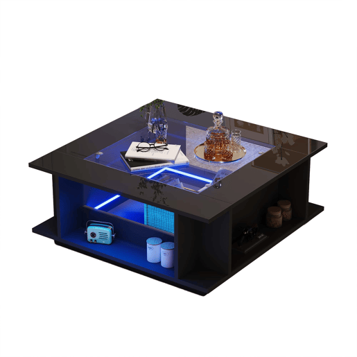 Mesa de centro 70x70x30 cm - quadrada com vidro, alto brilho, LED, tampo em aglomerado - preta Mesa de centro 70x70x30 cm - quadrada com vidro, alto brilho, LED, tampo em aglomerado - preta