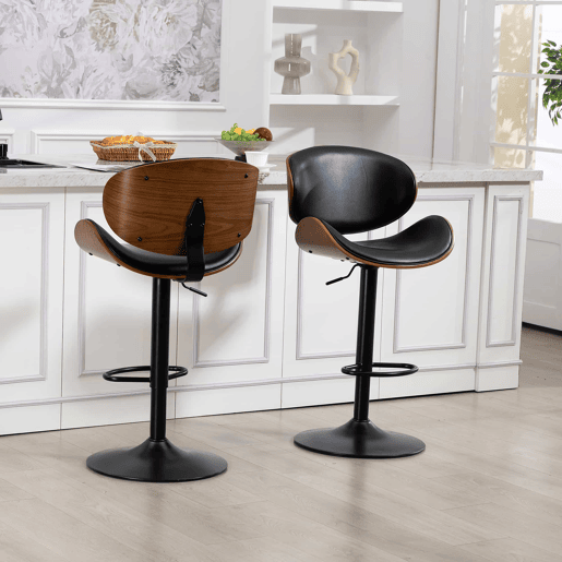 Bancos de bar giratórios, conjunto de 2 - reguláveis em altura, madeira curvada, assento em couro PU, encosto ergonómico e apoio para os pés, para bar e ilha de cozinha em casa - Preto Bancos de bar giratórios, conjunto de 2 - reguláveis em altura, madeira curvada, assento em couro PU, encosto ergonómico e apoio para os pés, para bar e ilha de cozinha em casa - Preto