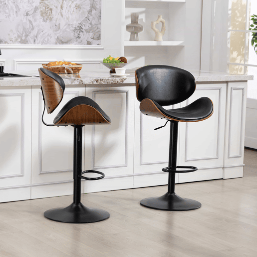 Bancos de bar giratórios, conjunto de 2 - reguláveis em altura, madeira curvada, assento em couro PU, encosto ergonómico e apoio para os pés, para bar e ilha de cozinha em casa - Preto Bancos de bar giratórios, conjunto de 2 - reguláveis em altura, madeira curvada, assento em couro PU, encosto ergonómico e apoio para os pés, para bar e ilha de cozinha em casa - Preto