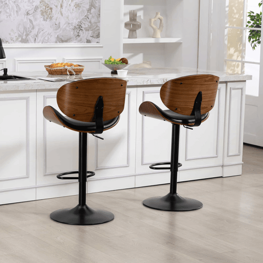 Bancos de bar giratórios, conjunto de 2 - reguláveis em altura, madeira curvada, assento em couro PU, encosto ergonómico e apoio para os pés, para bar e ilha de cozinha em casa - Preto Bancos de bar giratórios, conjunto de 2 - reguláveis em altura, madeira curvada, assento em couro PU, encosto ergonómico e apoio para os pés, para bar e ilha de cozinha em casa - Preto