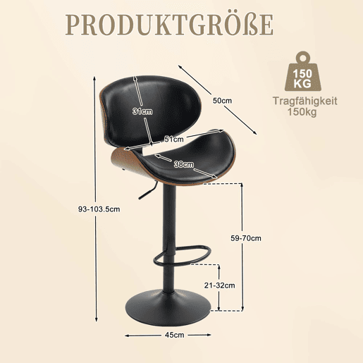 Bancos de bar giratórios, conjunto de 2 - reguláveis em altura, madeira curvada, assento em couro PU, encosto ergonómico e apoio para os pés, para bar e ilha de cozinha em casa - Preto Bancos de bar giratórios, conjunto de 2 - reguláveis em altura, madeira curvada, assento em couro PU, encosto ergonómico e apoio para os pés, para bar e ilha de cozinha em casa - Preto