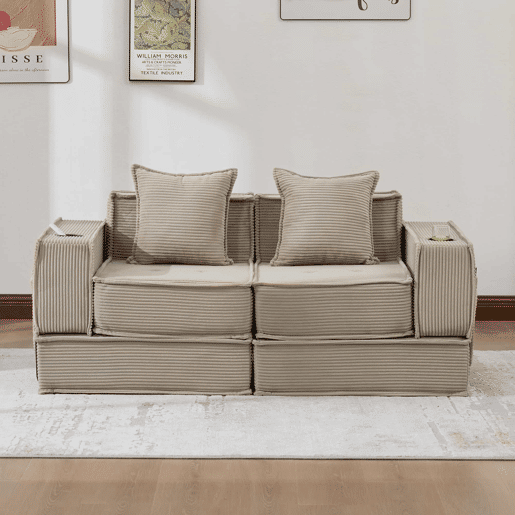 Sofá-cama duplo de 2 lugares u2013 moderno, com almofadas e apoio para os pés decorativo com arrumação lateral e porta-copos, ideal para recantos de leitura e salas de jogos u2013 cáqui