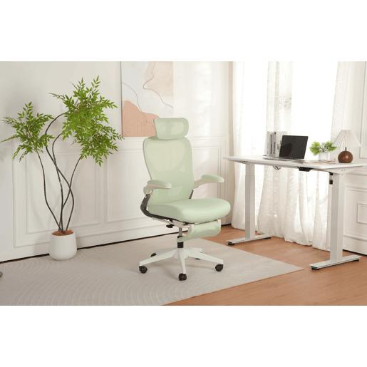 Cadeira de escritório ergonómica, pequena e dobrável - apoio lombar, almofada de assento em espuma, apoios de braços dobráveis, apoio para a cabeça 3D, pedais de trabalho - verde