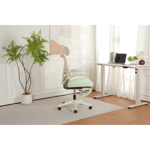 Cadeira de escritório ergonómica, pequena e dobrável - apoio lombar, almofada de assento em espuma, apoios de braços dobráveis, apoio para a cabeça 3D, pedais de trabalho - verde