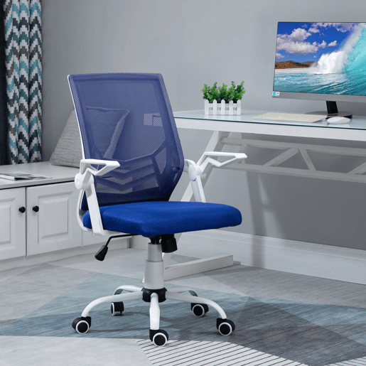 Cadeira de escritório ergonômica, giratória, com altura ajustável e apoios de braço dobráveis, 62,5 x 55 x 94-104 cm, azul