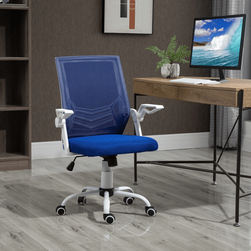 Cadeira de escritório ergonômica, giratória, com altura ajustável e apoios de braço dobráveis, 62,5 x 55 x 94-104 cm, azul