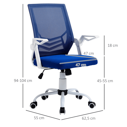 Cadeira de escritório ergonômica, giratória, com altura ajustável e apoios de braço dobráveis, 62,5 x 55 x 94-104 cm, azul