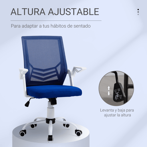 Cadeira de escritório ergonômica, giratória, com altura ajustável e apoios de braço dobráveis, 62,5 x 55 x 94-104 cm, azul