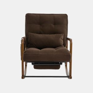Poltrona de baloiço com apoio para os pés padrão u2014 ergonómica, bolsos laterais, almofada lombar, encosto reclinável u2014 castanho-café em veludo cotelê