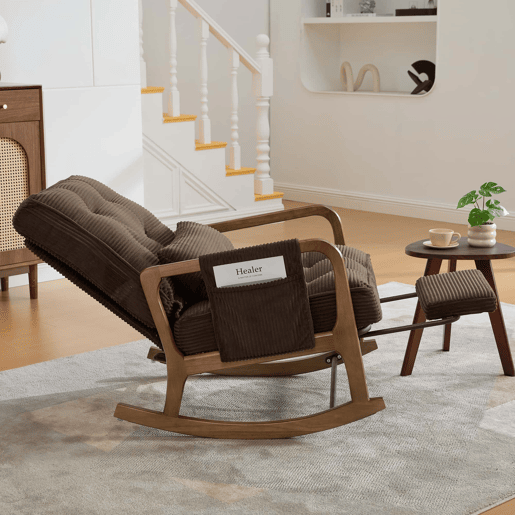 Poltrona de baloiço com apoio para os pés padrão u2014 ergonómica, bolsos laterais, almofada lombar, encosto reclinável u2014 castanho-café em veludo cotelê Poltrona de baloiço com apoio para os pés padrão u2014 ergonómica, bolsos laterais, almofada lombar, encosto reclinável u2014 castanho-café em veludo cotelê