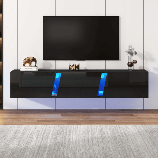 Móvel de TV de parede 180 x 35 x 30 cm - LED, 3 portas, adequado para 75 polegadas, alto brilho - Preto
