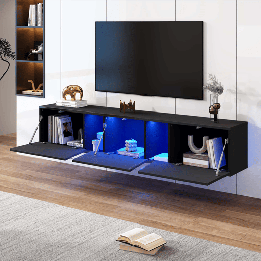 Móvel de TV de parede 180 x 35 x 30 cm - LED, 3 portas, adequado para 75 polegadas, alto brilho - Preto