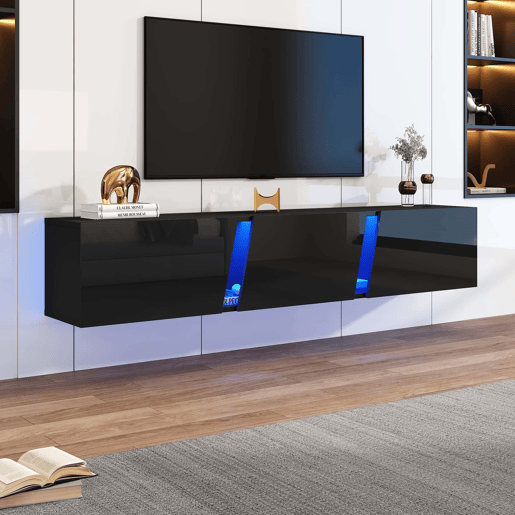 Móvel de TV de parede 180 x 35 x 30 cm - LED, 3 portas, adequado para 75 polegadas, alto brilho - Preto