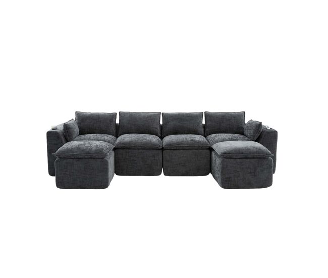 Sofá modular de 4 plazas - 2 reposapiés, portavasos, bolsillos laterales, espuma + muelles, chenilla gris - gris oscuro