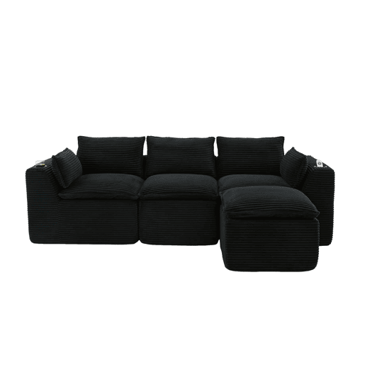 Sofá modular de 3 lugares com apoio para os pés u2014 almofadas, porta-copos, bolsos laterais, espuma e molas u2014 preto