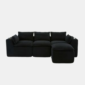 Sofá modular de 3 lugares com apoio para os pés u2014 almofadas, porta-copos, bolsos laterais, espuma e molas u2014 preto