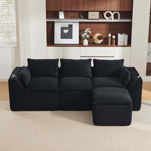 Sofá modular de 3 lugares com apoio para os pés u2014 almofadas, porta-copos, bolsos laterais, espuma e molas u2014 preto