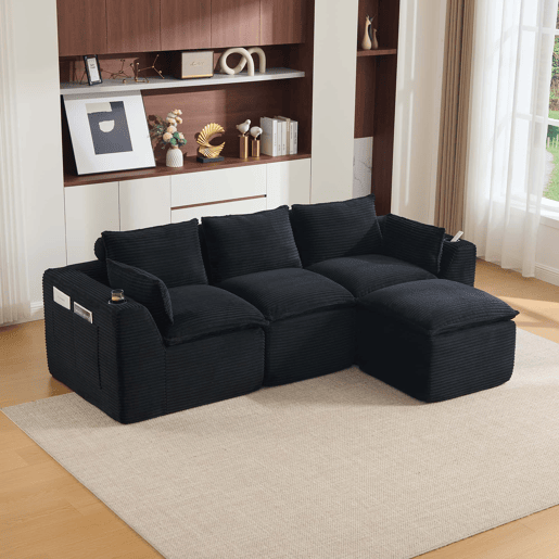 Sofá modular de 3 lugares com apoio para os pés u2014 almofadas, porta-copos, bolsos laterais, espuma e molas u2014 preto