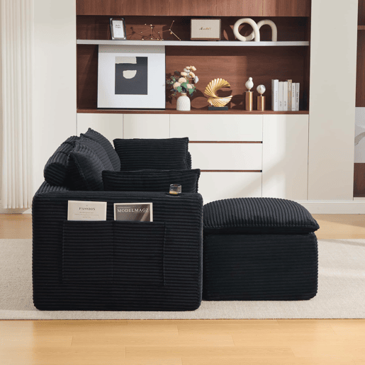 Sofá modular de 3 lugares com apoio para os pés u2014 almofadas, porta-copos, bolsos laterais, espuma e molas u2014 preto