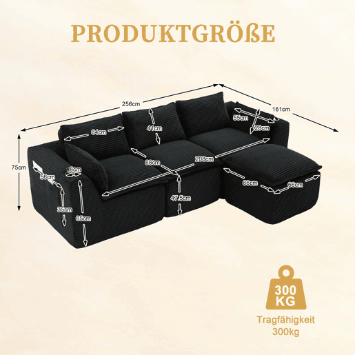 Sofá modular de 3 lugares com apoio para os pés u2014 almofadas, porta-copos, bolsos laterais, espuma e molas u2014 preto