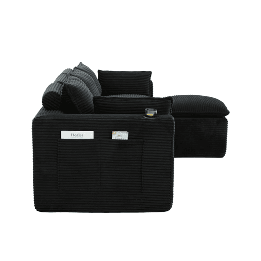 Sofá modular de 3 lugares com apoio para os pés u2014 almofadas, porta-copos, bolsos laterais, espuma e molas u2014 preto