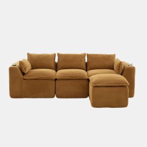 Sofá modular de 3 lugares com otomana u2014 almofadas, porta-copos, bolsos laterais, espuma e molas u2014 veludo de pana laranja