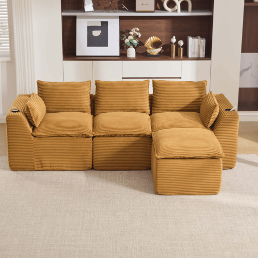 Sofá modular de 3 lugares com otomana u2014 almofadas, porta-copos, bolsos laterais, espuma e molas u2014 veludo de pana laranja Sofá modular de 3 lugares com otomana u2014 almofadas, porta-copos, bolsos laterais, espuma e molas u2014 veludo de pana laranja