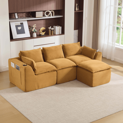 Sofá modular de 3 lugares com otomana u2014 almofadas, porta-copos, bolsos laterais, espuma e molas u2014 veludo de pana laranja Sofá modular de 3 lugares com otomana u2014 almofadas, porta-copos, bolsos laterais, espuma e molas u2014 veludo de pana laranja