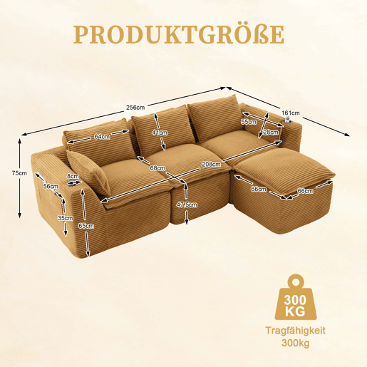 Sofá modular de 3 lugares com otomana u2014 almofadas, porta-copos, bolsos laterais, espuma e molas u2014 veludo de pana laranja Sofá modular de 3 lugares com otomana u2014 almofadas, porta-copos, bolsos laterais, espuma e molas u2014 veludo de pana laranja